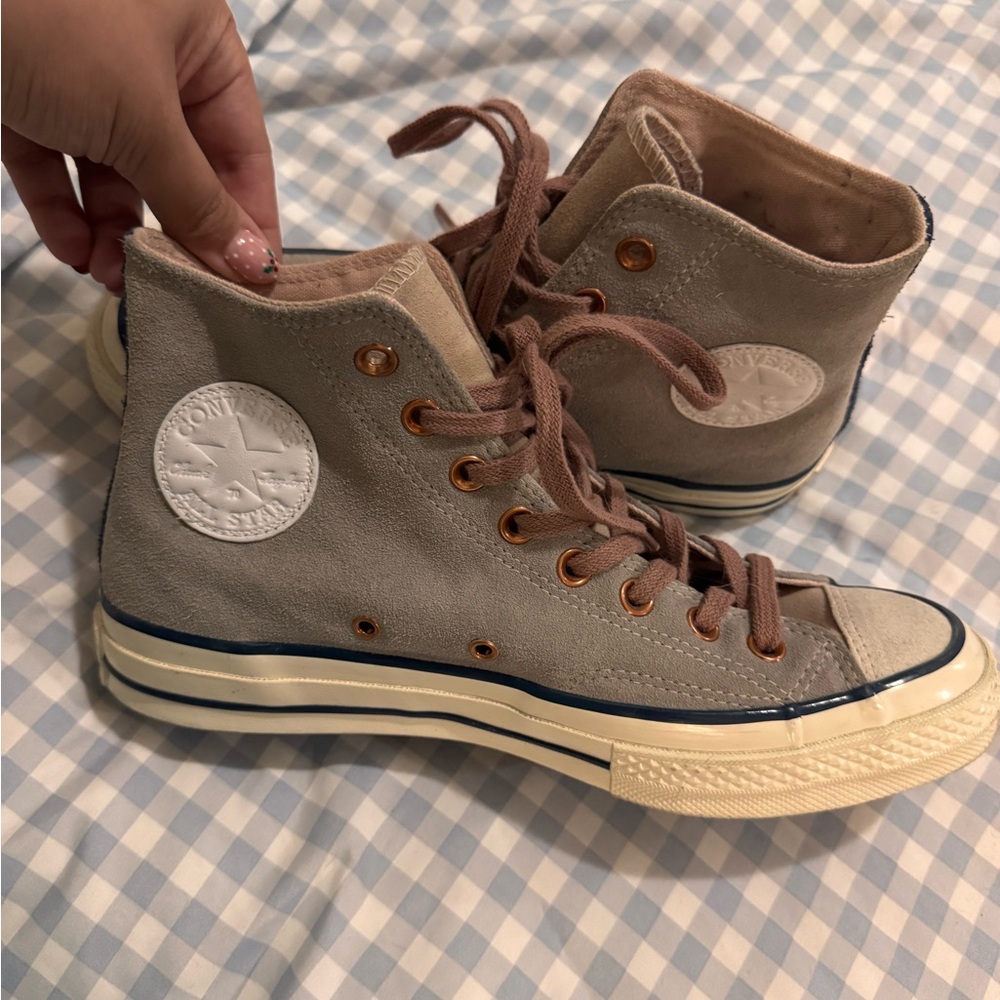 70s Converse High-Top Sneakers in Grey and White with pink and navy accents